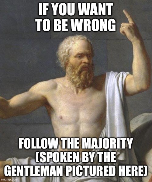 The majority is not always right | IF YOU WANT TO BE WRONG; FOLLOW THE MAJORITY (SPOKEN BY THE GENTLEMAN PICTURED HERE) | image tagged in socrates | made w/ Imgflip meme maker