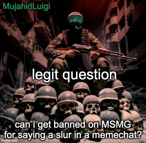 i hope not | legit question; can i get banned on MSMG for saying a slur in a memechat? | image tagged in mujahidluigi announcement | made w/ Imgflip meme maker