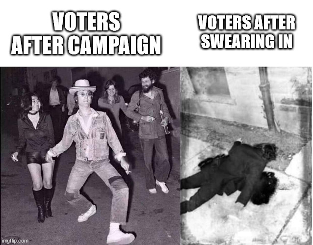 Democracy | VOTERS AFTER CAMPAIGN; VOTERS AFTER SWEARING IN | image tagged in john lennon,trump,biden,voting,2024 | made w/ Imgflip meme maker