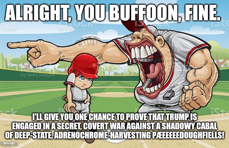 Baseball coach yelling at kid | ALRIGHT, YOU BUFFOON, FINE. I'LL GIVE YOU ONE CHANCE TO PROVE THAT TRUMP IS ENGAGED IN A SECRET, COVERT WAR AGAINST A SHADOWY CABAL OF DEEP-STATE, ADRENOCHROME-HARVESTING PÆEEEEEDOUGHFIELLS! | image tagged in baseball coach yelling at kid | made w/ Imgflip meme maker
