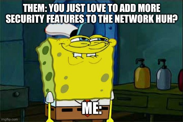 Network security features | THEM: YOU JUST LOVE TO ADD MORE SECURITY FEATURES TO THE NETWORK HUH? ME: | image tagged in don't you squidward,network,security,features,secops,memes | made w/ Imgflip meme maker