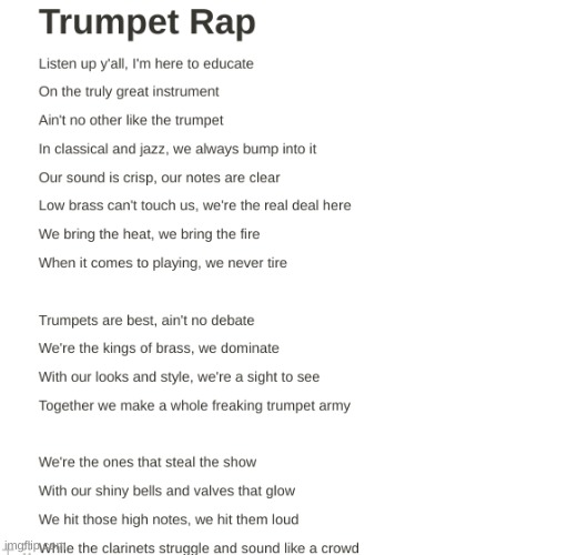 Trumpet Rap | image tagged in trumpet,rap,band | made w/ Imgflip meme maker