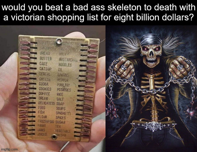 another one I'd do | would you beat a bad ass skeleton to death with a victorian shopping list for eight billion dollars? | image tagged in badass skeleton,meme,funny,skeleton,farting,women's rights | made w/ Imgflip meme maker
