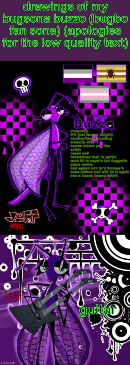 i have a tumblr for more art and higher quality (@jeffofink) | drawings of my bugsona buzzo (bugbo fan sona) (apologies for the low quality text); guitar | image tagged in art,purple,dragonfly,bugbo,fan oc | made w/ Imgflip meme maker