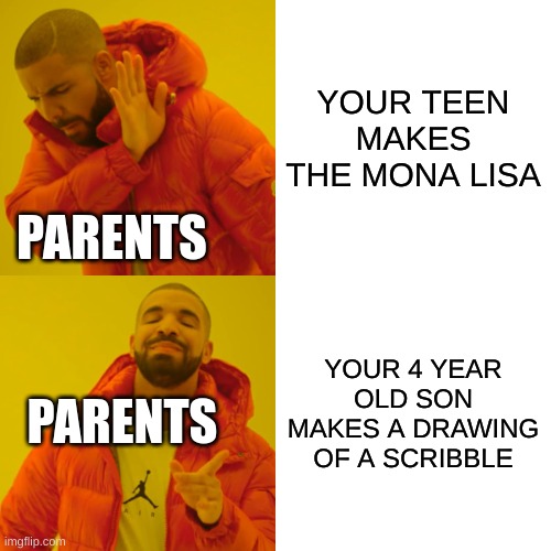 BILLY YOU SUCK!!! omg little johnny!!! this is sooooooooooooooooooooo good! | YOUR TEEN MAKES THE MONA LISA; PARENTS; YOUR 4 YEAR OLD SON MAKES A DRAWING OF A SCRIBBLE; PARENTS | image tagged in memes,drake hotline bling | made w/ Imgflip meme maker
