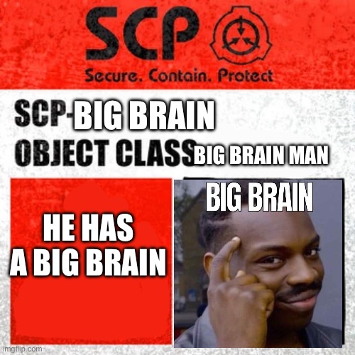 Big brain | BIG BRAIN; BIG BRAIN MAN; HE HAS A BIG BRAIN | image tagged in scp label template keter | made w/ Imgflip meme maker