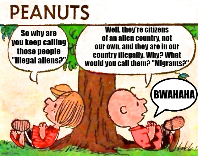 Illegal Aliens?!? | Well, they're citizens of an alien country, not our own, and they are in our country illegally. Why? What would you call them? "Migrants?"; So why are you keep calling those people "illegal aliens?"; BWAHAHA | image tagged in migrants,illegal aliens,charlie brown and lucy | made w/ Imgflip meme maker