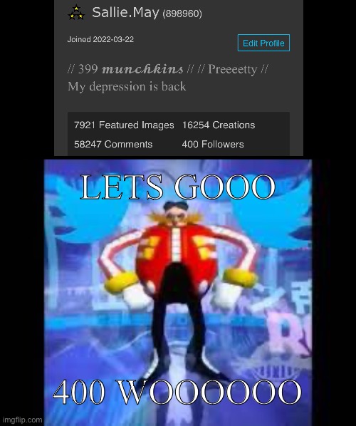 robotnik twitter | LETS GOOO; 400 WOOOOOO | image tagged in robotnik twitter | made w/ Imgflip meme maker