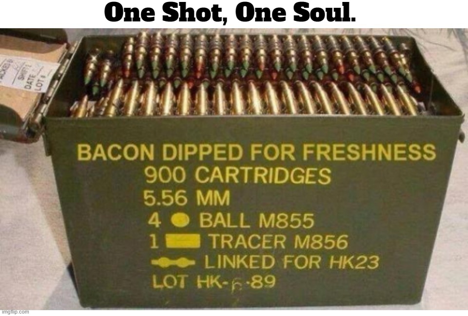 No More GoatShaggers! | One Shot, One Soul. | image tagged in bacon,i love bacon,bacon dipped ammo,bacon meme,goat shaggers,achmed the dead terrorist | made w/ Imgflip meme maker