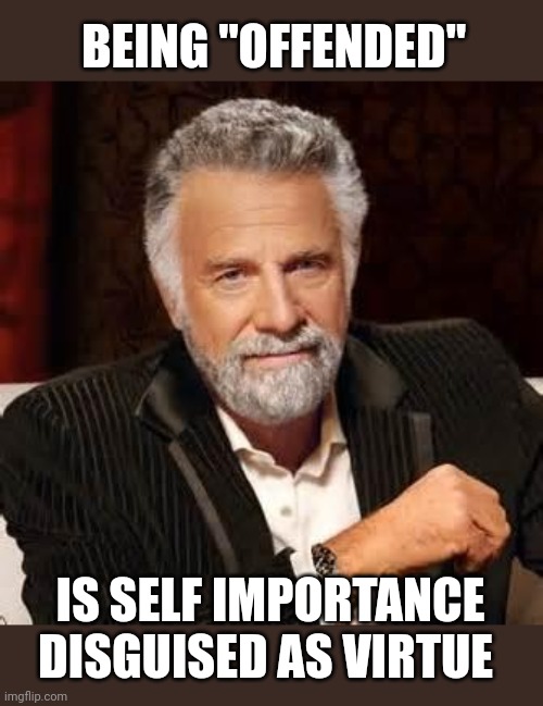 This meme is offensive | BEING "OFFENDED"; IS SELF IMPORTANCE DISGUISED AS VIRTUE | image tagged in dos equis guy awesome | made w/ Imgflip meme maker