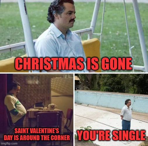 Sad Pablo Escobar | CHRISTMAS IS GONE; SAINT VALENTINE'S DAY IS AROUND THE CORNER; YOU'RE SINGLE | image tagged in memes,sad pablo escobar | made w/ Imgflip meme maker