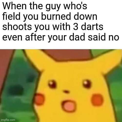 Surprised Pikachu | When the guy who's field you burned down shoots you with 3 darts even after your dad said no | image tagged in memes,surprised pikachu,bible,funny,christian memes | made w/ Imgflip meme maker