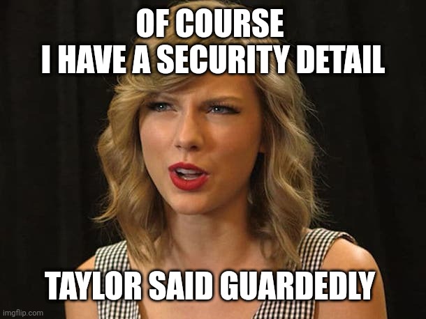 Taylor said guardedly | OF COURSE 
I HAVE A SECURITY DETAIL; TAYLOR SAID GUARDEDLY | image tagged in taylor swiftie | made w/ Imgflip meme maker