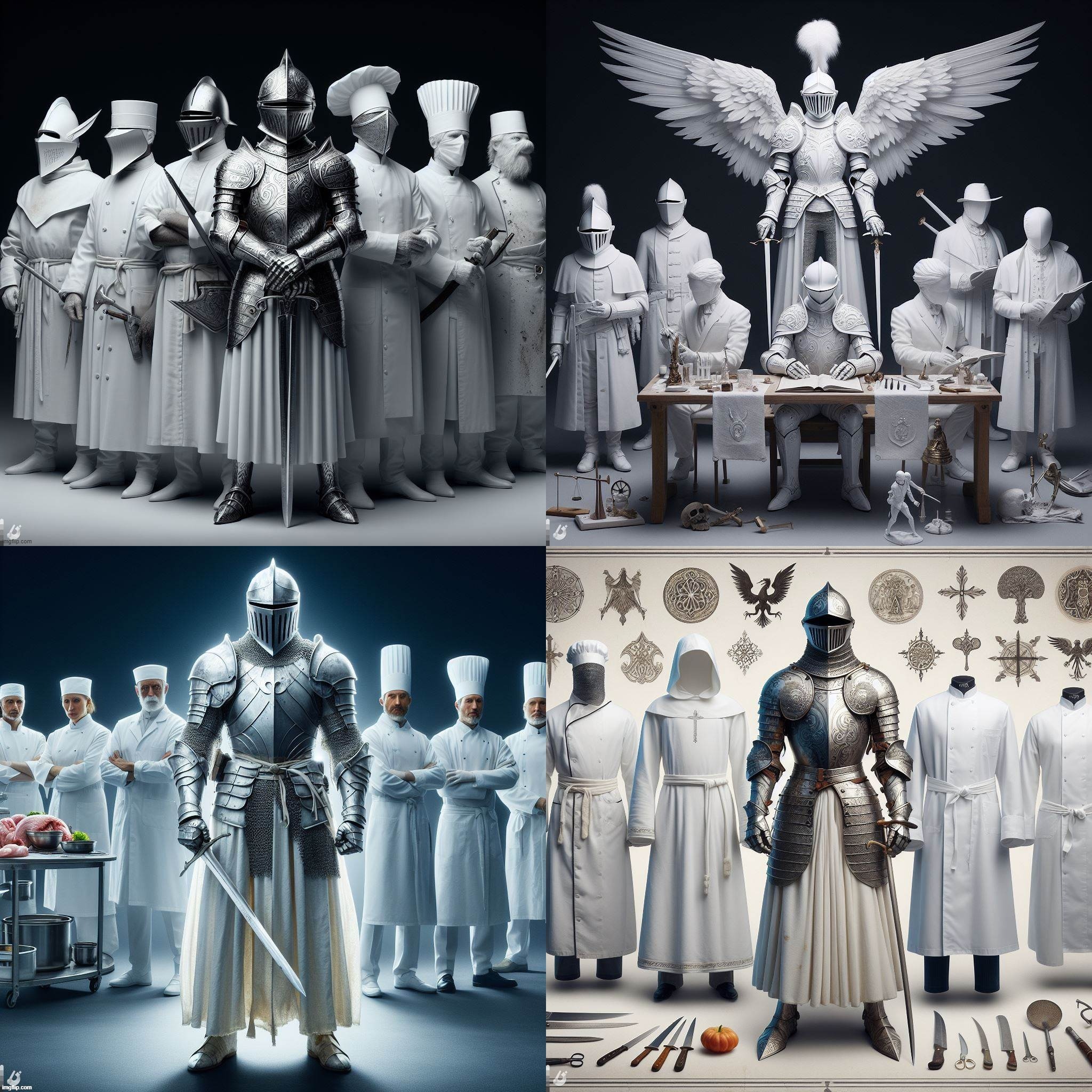AI Bing: white armor based on Persian Immortal, Knights Templar, 18th cent French White Coats, Scientists, Surgeons & Butchers | image tagged in ai generated,white knight,persia,napoleon,scientists,surgeon | made w/ Imgflip meme maker