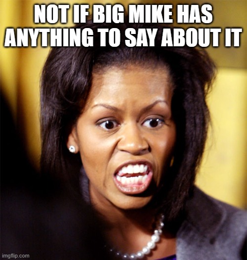 Michelle Obama Lookalike | NOT IF BIG MIKE HAS ANYTHING TO SAY ABOUT IT | image tagged in michelle obama lookalike | made w/ Imgflip meme maker