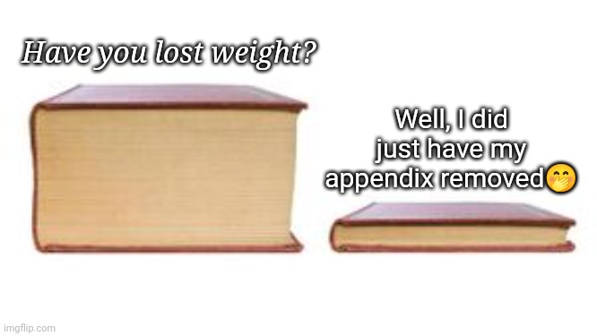 two books | Have you lost weight? Well, I did just have my appendix removed🤭 | image tagged in two books | made w/ Imgflip meme maker