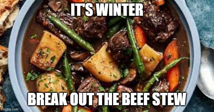 Beef Stew | IT'S WINTER; BREAK OUT THE BEEF STEW | image tagged in food,stew | made w/ Imgflip meme maker