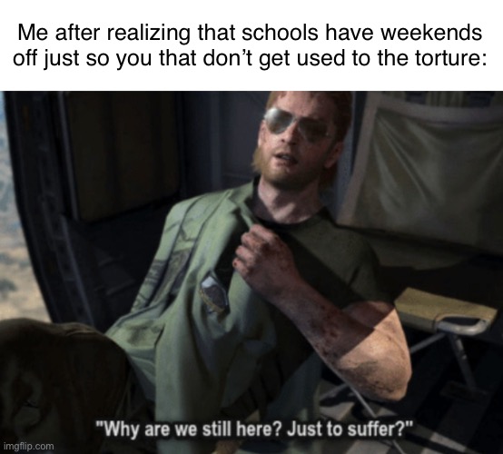 Why are we still here? Just to suffer? | Me after realizing that schools have weekends off just so you that don’t get used to the torture: | image tagged in why are we still here just to suffer | made w/ Imgflip meme maker
