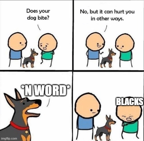 Don't say the n word, it's racist! | *N WORD*; BLACKS | image tagged in does your dog bite | made w/ Imgflip meme maker