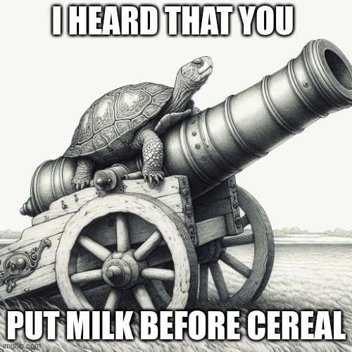 overused joke 2 | I HEARD THAT YOU; PUT MILK BEFORE CEREAL | image tagged in turtle on a cannon,cereal | made w/ Imgflip meme maker