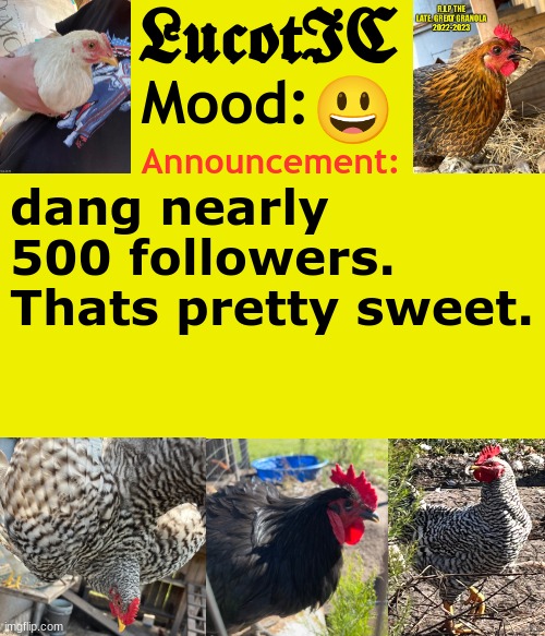 . | 😃; dang nearly 500 followers. Thats pretty sweet. | image tagged in lucotic's chicken announcement template | made w/ Imgflip meme maker
