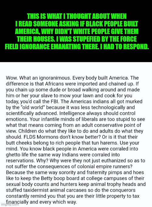 Funny | THIS IS WHAT I THOUGHT ABOUT WHEN I READ SOMEONE ASKING IF BLACK PEOPLE BUILT AMERICA, WHY DIDN'T WHITE PEOPLE GIVE THEM THEIR HOUSES. I WAS STUPEFIED BY THE FORCE FIELD IGNORANCE EMANATING THERE. I HAD TO RESPOND. | image tagged in funny | made w/ Imgflip meme maker