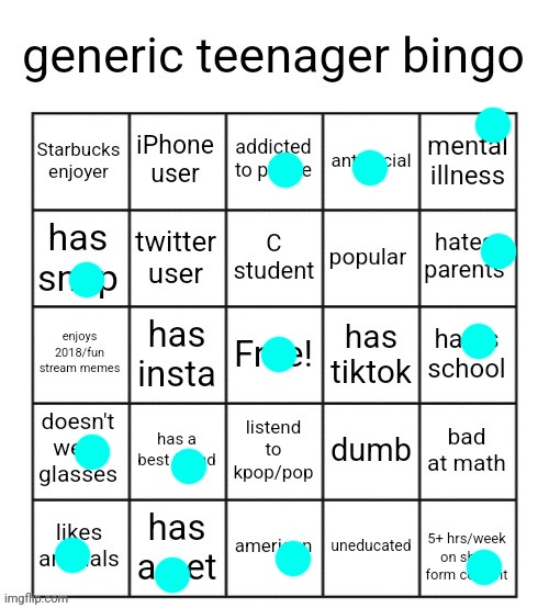 generic teenager bingo | image tagged in generic teenager bingo | made w/ Imgflip meme maker