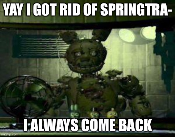 FNAF Springtrap in window | YAY I GOT RID OF SPRINGTRA-; I ALWAYS COME BACK | image tagged in fnaf springtrap in window | made w/ Imgflip meme maker
