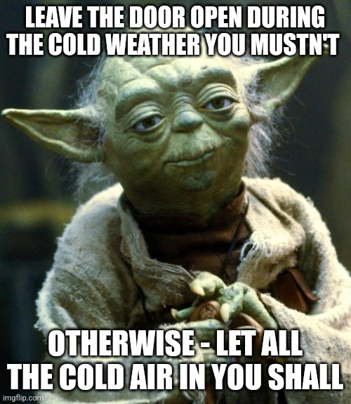 I'm serious u could end up damaging the heating system in your own home this way | LEAVE THE DOOR OPEN DURING THE COLD WEATHER YOU MUSTN'T; OTHERWISE - LET ALL THE COLD AIR IN YOU SHALL | image tagged in memes,star wars yoda,cold weather,star wars,relatable,words of wisdom | made w/ Imgflip meme maker