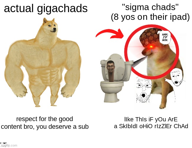 Buff Doge vs. Cheems | actual gigachads; "sigma chads" (8 yos on their ipad); respect for the good content bro, you deserve a sub; lIke ThIs iF yOu ArE a SkIbIdI oHiO rIzZlEr ChAd | image tagged in memes,buff doge vs cheems | made w/ Imgflip meme maker