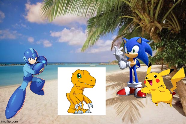 Megaman and Friends enjoying a Island Adventure | image tagged in island paradise,megaman,sonic the hedgehog,pokemon,digimon,crossover | made w/ Imgflip meme maker