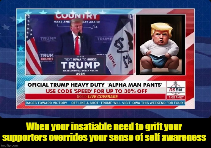 Money, Money, Mooonnnnnnnnnney! Money! | When your insatiable need to grift your supporters overrides your sense of self awareness | image tagged in donald trump,dirty diaper,desperation,the apprentice | made w/ Imgflip meme maker
