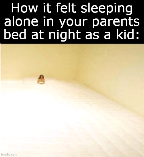 This is how it be sometimes tho | How it felt sleeping alone in your parents bed at night as a kid: | image tagged in funny,memes,funny memes,relatable,relatable memes | made w/ Imgflip meme maker