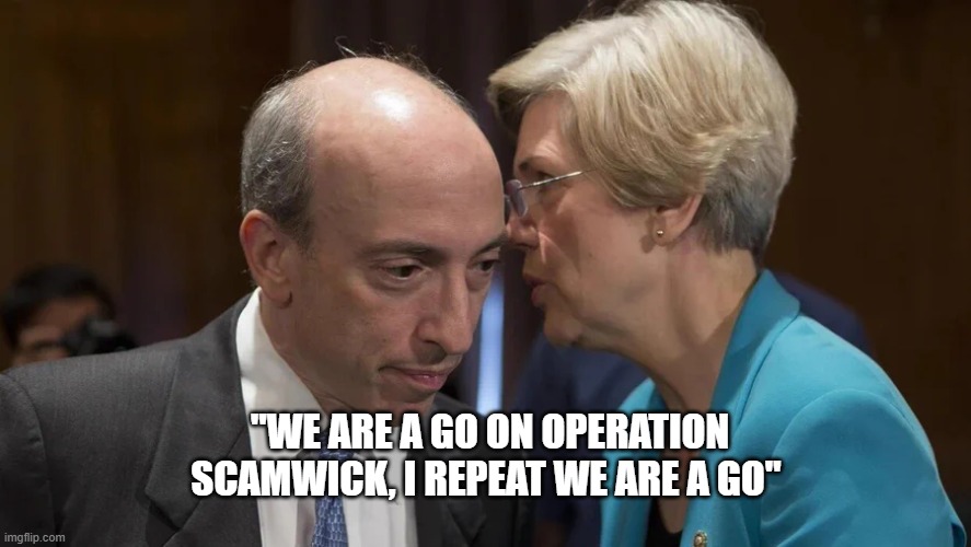 gary and liz | "WE ARE A GO ON OPERATION SCAMWICK, I REPEAT WE ARE A GO" | image tagged in gary gensler and elizabeth warren | made w/ Imgflip meme maker