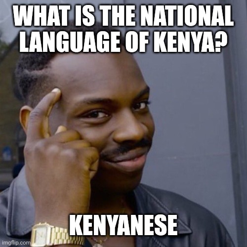 Black guy head tap | WHAT IS THE NATIONAL LANGUAGE OF KENYA? KENYANESE | image tagged in black guy head tap | made w/ Imgflip meme maker