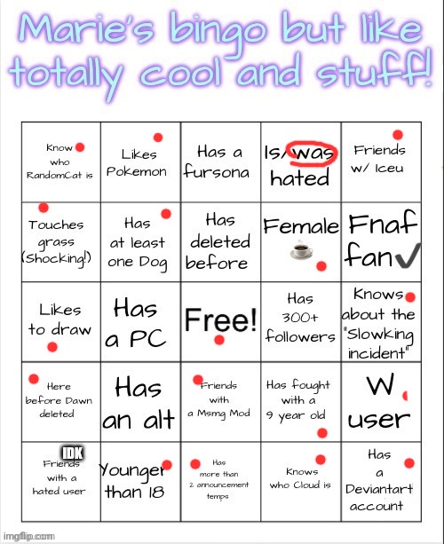 IDK | image tagged in marie s bingo | made w/ Imgflip meme maker