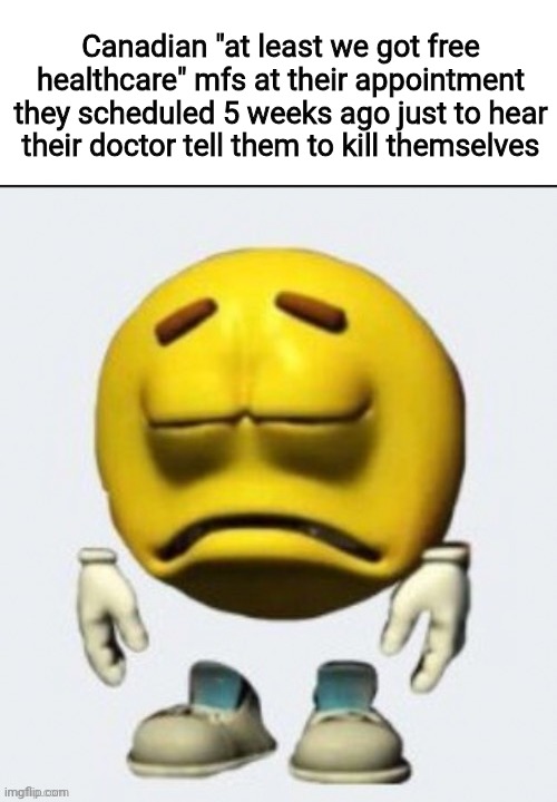Sad emoji | Canadian "at least we got free healthcare" mfs at their appointment they scheduled 5 weeks ago just to hear their doctor tell them to kill themselves | image tagged in sad emoji | made w/ Imgflip meme maker