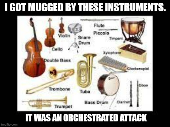 meme by Brad orchestrated attack | I GOT MUGGED BY THESE INSTRUMENTS. IT WAS AN ORCHESTRATED ATTACK | image tagged in music,humor,funny,funny meme | made w/ Imgflip meme maker