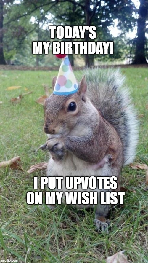 Upvote beggars get upvotes on their birthday | TODAY'S MY BIRTHDAY! I PUT UPVOTES ON MY WISH LIST | image tagged in memes,super birthday squirrel | made w/ Imgflip meme maker
