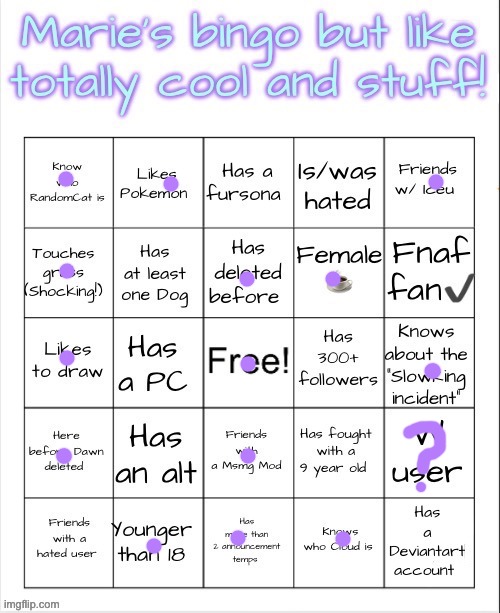 hey chat am i a W user or not | image tagged in marie s bingo | made w/ Imgflip meme maker