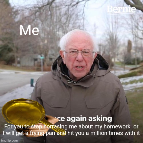 Bernie I Am Once Again Asking For Your Support | Me; For you to stop horrasing me about my homework  or I will get a frying pan and hit you a million times with it | image tagged in memes,bernie i am once again asking for your support | made w/ Imgflip meme maker