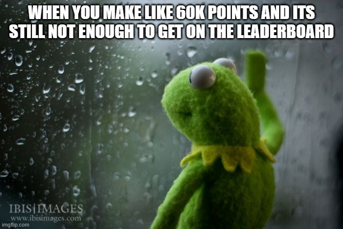 kermit window | WHEN YOU MAKE LIKE 60K POINTS AND ITS STILL NOT ENOUGH TO GET ON THE LEADERBOARD | image tagged in kermit window | made w/ Imgflip meme maker