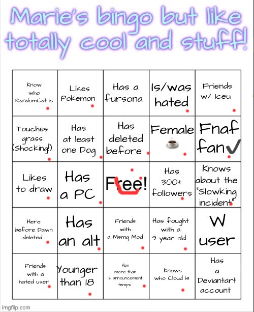i had a deviant art acc but i deleted it a minute ago tbh | image tagged in marie s bingo | made w/ Imgflip meme maker