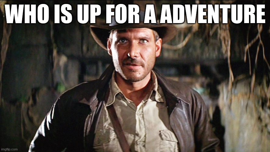 indiana jones | WHO IS UP FOR A ADVENTURE | image tagged in indiana jones | made w/ Imgflip meme maker