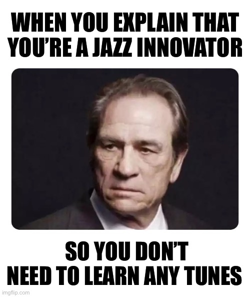 Jazz Innovator | WHEN YOU EXPLAIN THAT YOU’RE A JAZZ INNOVATOR; SO YOU DON’T NEED TO LEARN ANY TUNES | image tagged in tommy lee jones,jazz | made w/ Imgflip meme maker