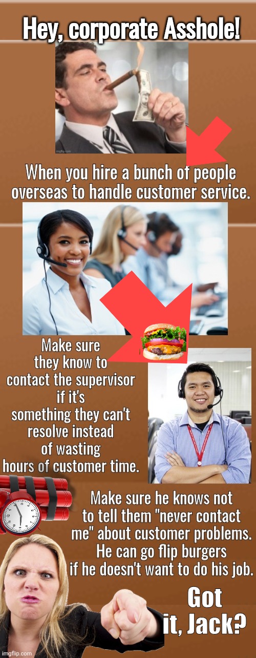 Call center assholes wasting your time | Hey, corporate Asshole! Got it, Jack? | image tagged in brown square,asshole,call center | made w/ Imgflip meme maker