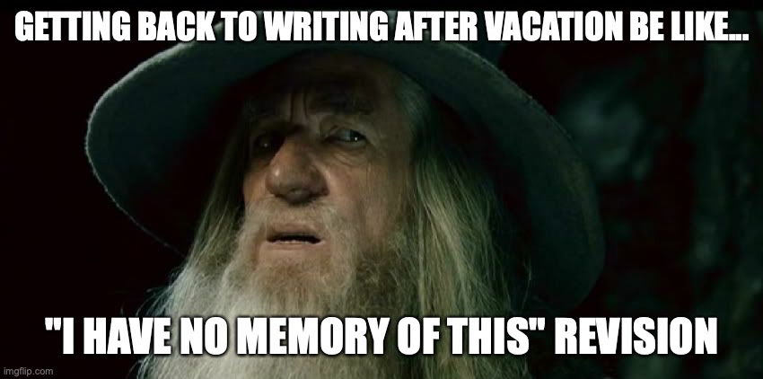 CONFUSED GANDALF | GETTING BACK TO WRITING AFTER VACATION BE LIKE... "I HAVE NO MEMORY OF THIS" REVISION | image tagged in confused gandalf | made w/ Imgflip meme maker