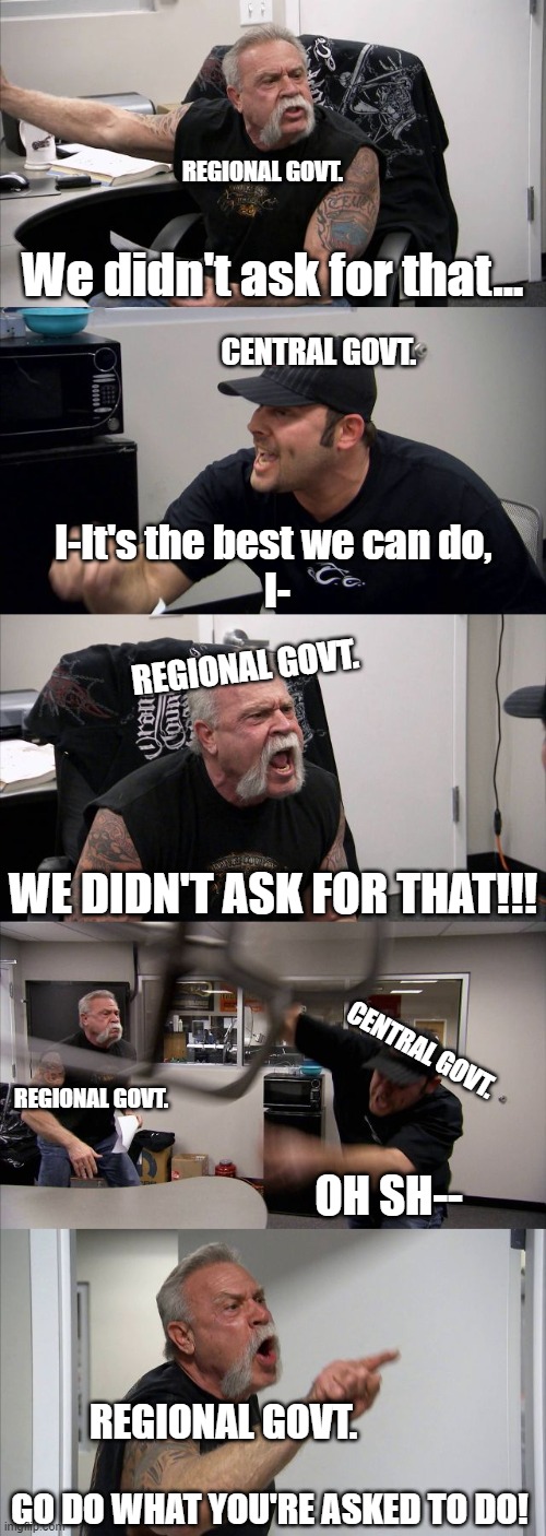 Confederation System | REGIONAL GOVT. We didn't ask for that... CENTRAL GOVT. I-It's the best we can do, 
I-; REGIONAL GOVT. WE DIDN'T ASK FOR THAT!!! CENTRAL GOVT. REGIONAL GOVT. OH SH--; REGIONAL GOVT. GO DO WHAT YOU'RE ASKED TO DO! | image tagged in memes,american chopper argument | made w/ Imgflip meme maker