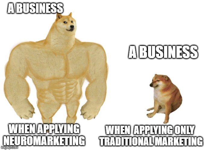 Big dog small dog | A BUSINESS; A BUSINESS; WHEN  APPLYING ONLY  TRADITIONAL MARKETING; WHEN APPLYING NEUROMARKETING | image tagged in big dog small dog | made w/ Imgflip meme maker