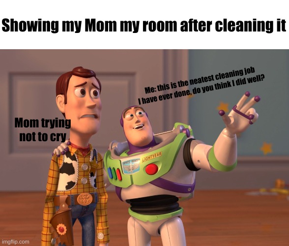 X, X Everywhere Meme | Showing my Mom my room after cleaning it; Me: this is the neatest cleaning job I have ever done, do you think I did well? Mom trying not to cry | image tagged in memes,x x everywhere | made w/ Imgflip meme maker